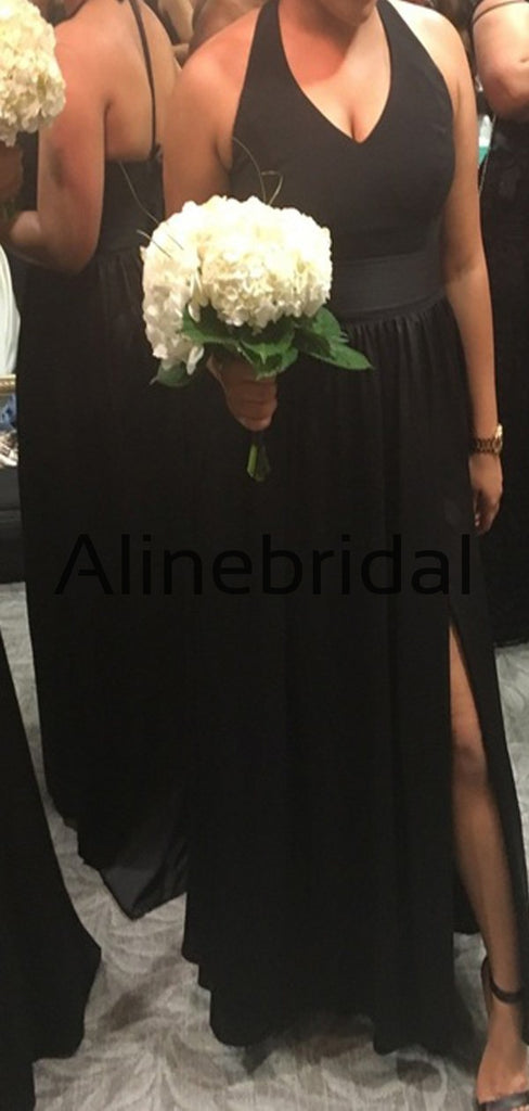 New Arrival A-line Black Side Slit Satin Long Formal Bridesmaid Dresses AB4221