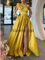 Newest A-line Yellow One Shoulder Satin Prom Dresses, Evening Dress PD1011
