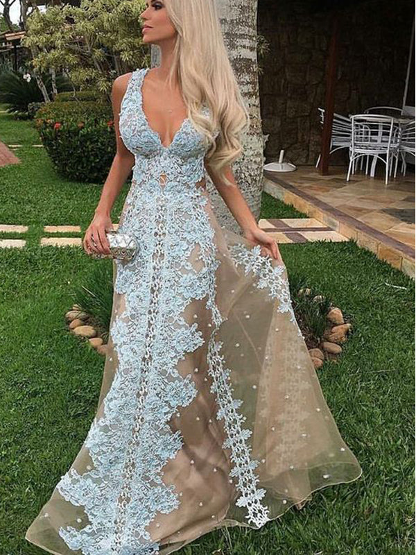 Nude Tulle Blue Applique A-line Sleeveless Charming Prom Dresses.PD00228