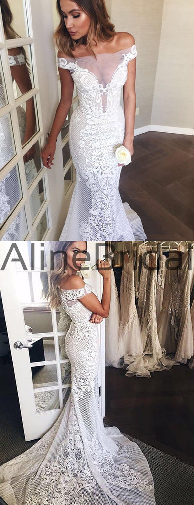 Off Shoulder Gorgeous Lace Mermaid Train Wedding Dresses, AB1524