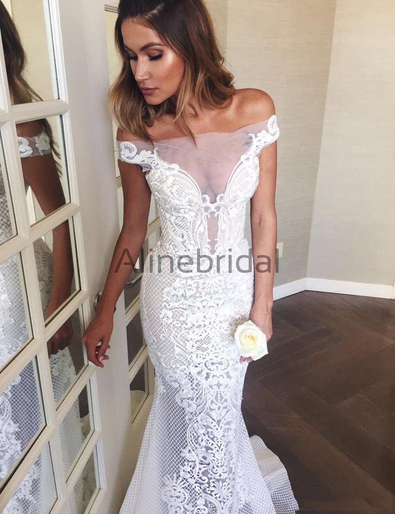 Off Shoulder Gorgeous Lace Mermaid Train Wedding Dresses, AB1524