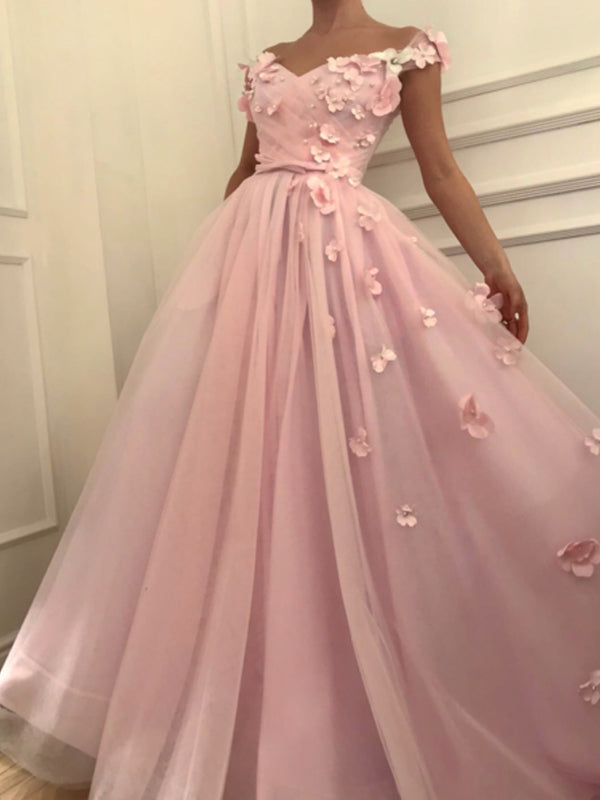 Off Shoulder Handmade Flower With Beads Pink Tulle Sweet Prom Dresses ,PD00100