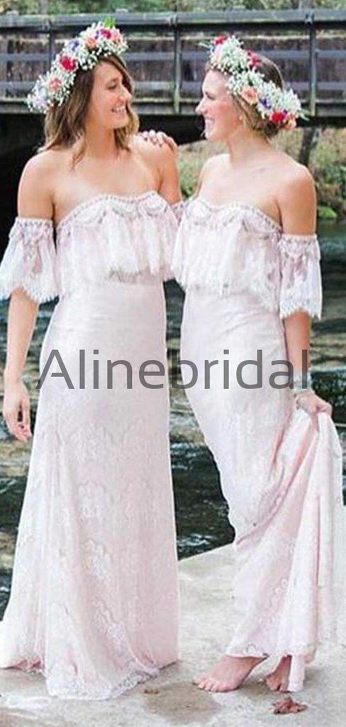 Off Shoulder Lace Light Pink Boho Wedding Bridesmaid Dresses, AB4061