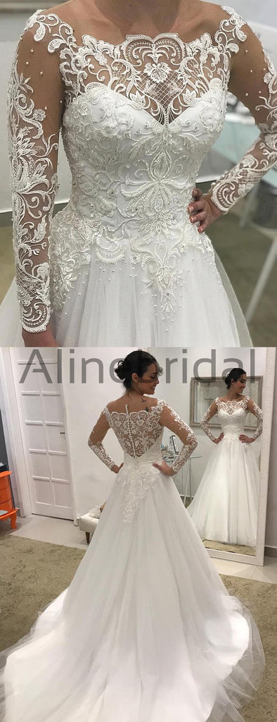 Off Shoulder Long Sleeve Lace Tulle Ball Gown Wedding Dresses , AB1507