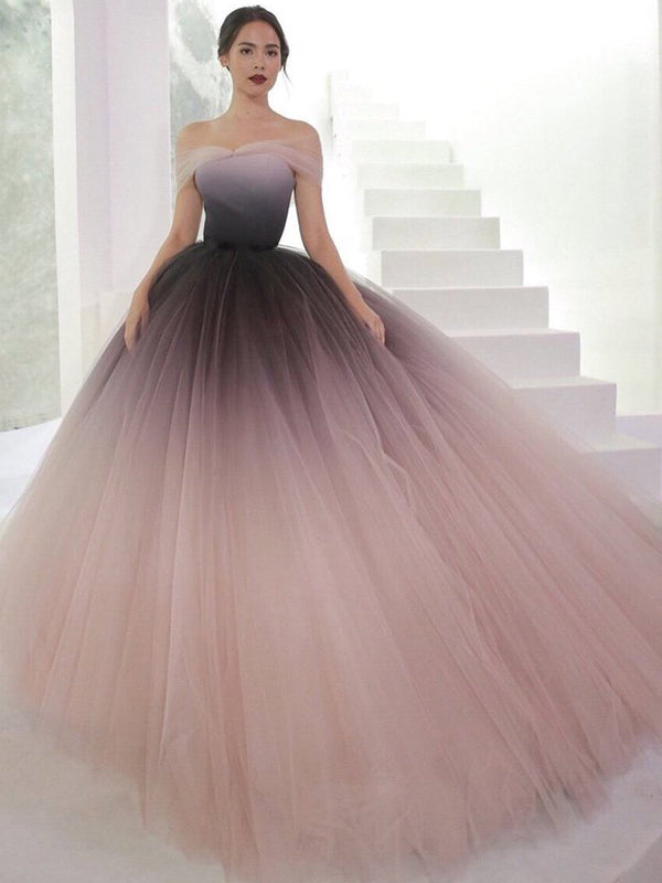 Off Shoulder Ombre Purple Pink Tulle Ball Gown Prom Dresses,PD00316