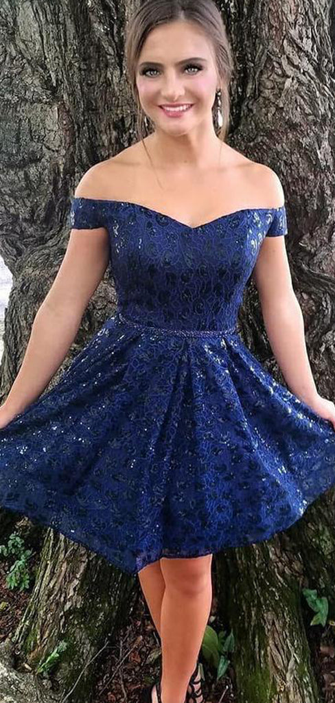 Off Shoulder Royal Blue Sequin Lace Homecoming Dresses,HD0049