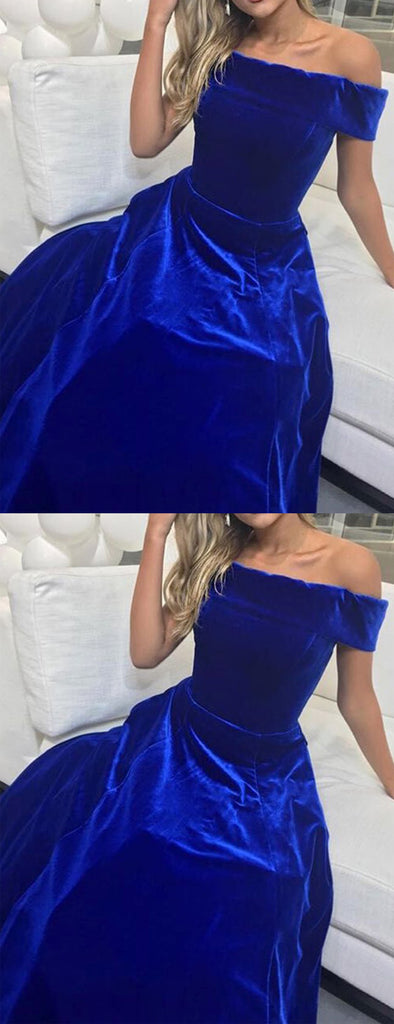 Off Shoulder Royal Blue Velvet Elegant A-line Prom Dresses,PD00322