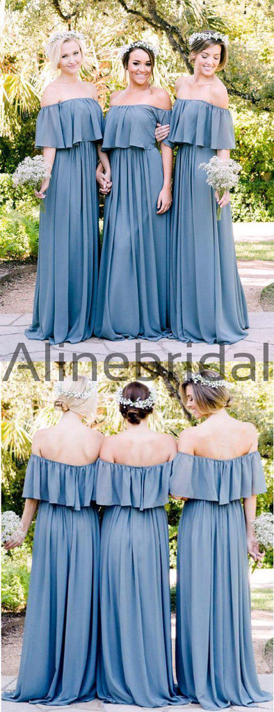 Off Shoulder Sky Blue Chiffon Boho Wedding Bridesmaid Dresses, AB4086