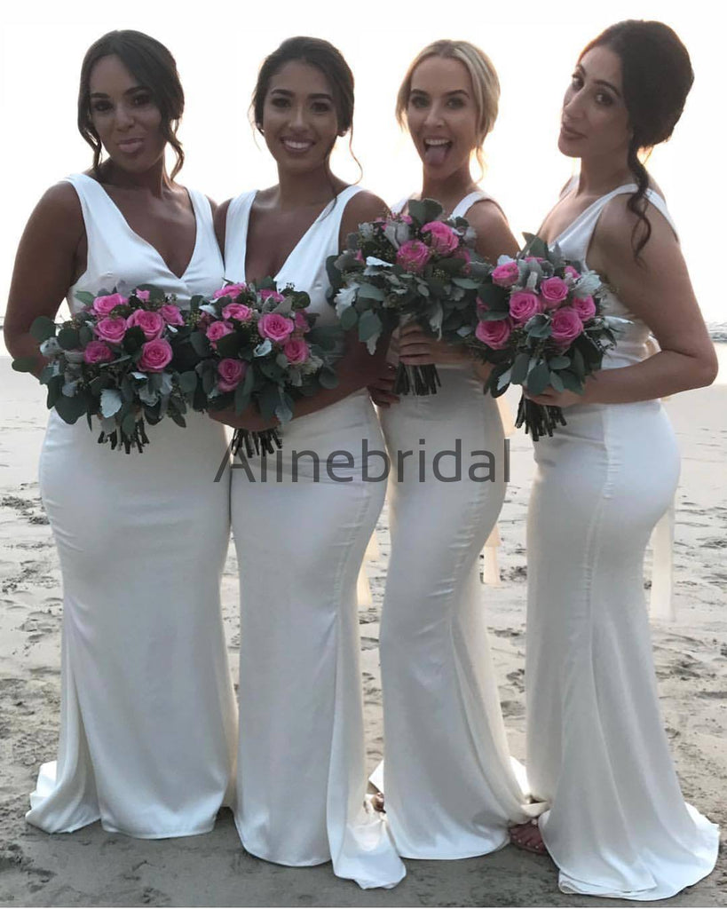 Off White Simple V-neck Sleeveless Mermaid Bridesmaid Dresses, AB4005