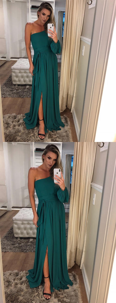 One Shoulder Long Sleeve Teal Chiffon Prom Dresses,PD00343