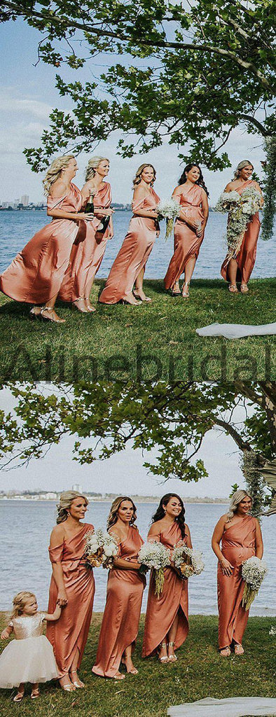Orange One Shoulder Front Slit Mismatched Bridesmaid Dresses , AB4127