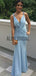 Pale Blue Jersey Open Back Mermaid Bridesmaid Dresses, AB4013