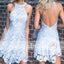 Pale Blue Lace Halter Unique Open Back Mini Homecoming Dresses,BD00234