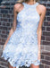 Pale Blue Lace Halter Unique Open Back Mini Homecoming Dresses,BD00234