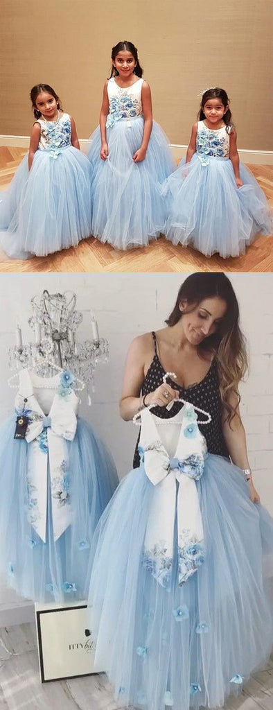 Pale Blue Tulle Floral Satin Bowknot Ball Gown Flower Girl Dresses, FGS138