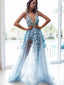 Pale Blue Tulle Lace Applique Illustion A-line Prom Dresses.PD00225