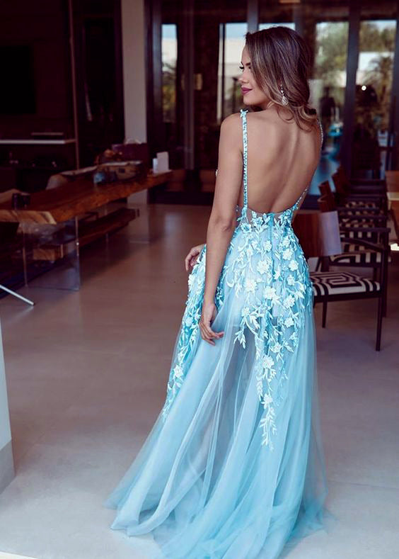 Pale Blue Tulle Lace Applique Illustion A-line Prom Dresses.PD00225