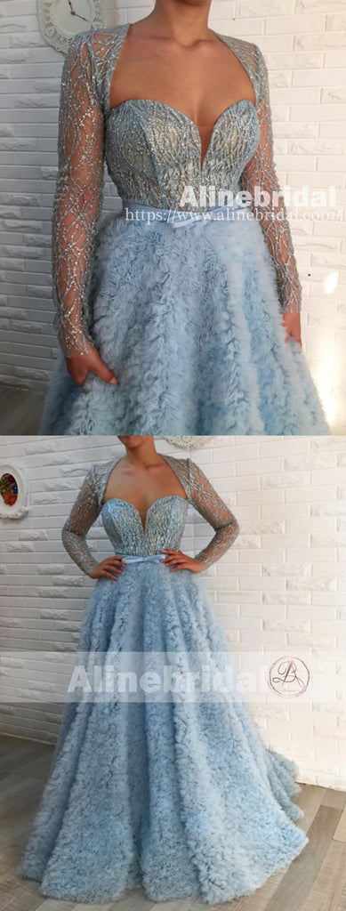 Pale Blue Unique Bottom Sweetheart Elegant Formal Party Prom Dresses With Sleeves ,PD00107