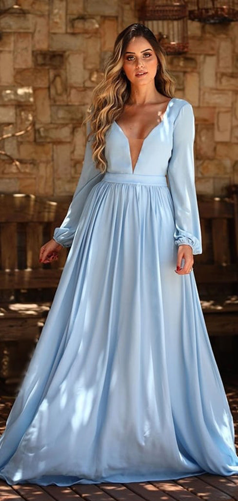 Pale Bule Satin Chiffon Long Sleeve A-line Prom Dresses,PD00348