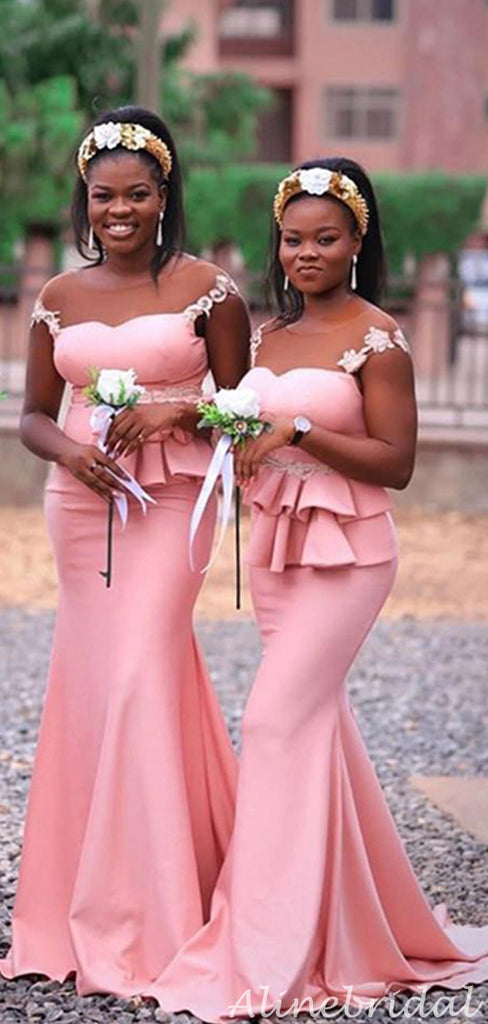 Pink Lace Cap Strap Sweetheart Mermaid Formal Long Bridesmaid Dresses, AB4255