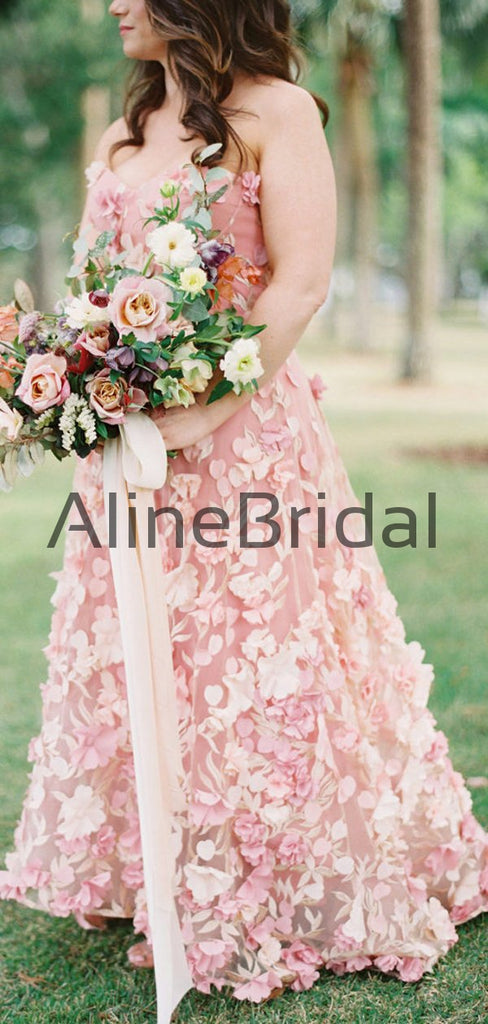Pink 3D-Lace Sweetheart Strapless A-line Country Wedding Dresses, AB1550