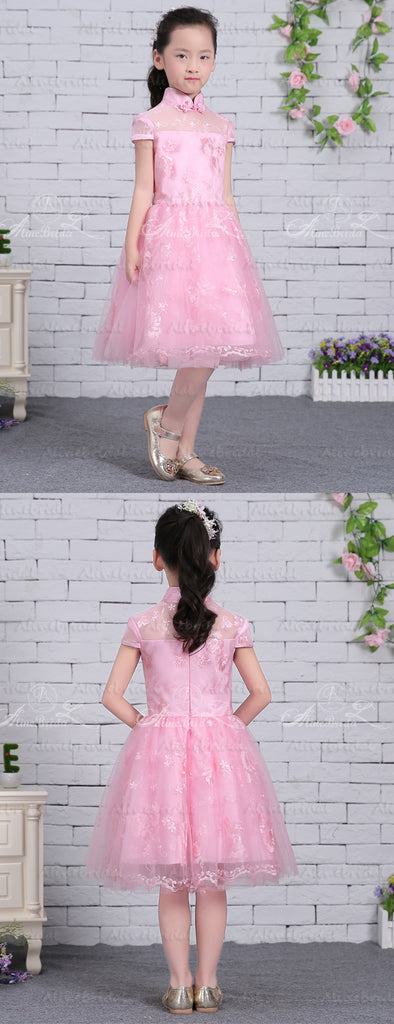 Pink Lace High Neck Cap Sleeve Flower Girl Dresses, FGS128