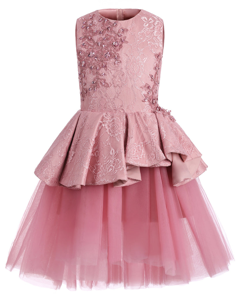 Pink Lace Tulle High Low Ruffles Cute Flower Girl Dresses , FGS051