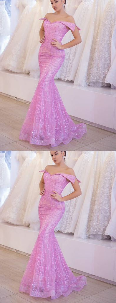 Pink Off Shoulder Mermaid Sequined Organza Charming Shiny Prom Dresses,PD00342