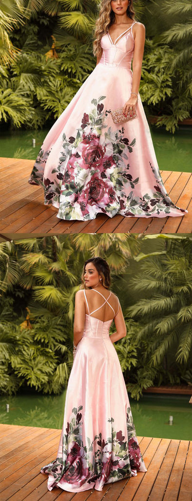 Pink Satin Floral Prints Spaghetti Strap A-line Prom Dresses .PD00272