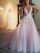 Pink Tulle Applique Sleeveless V-neck A-line Open Back Prom Dresses,PD0128