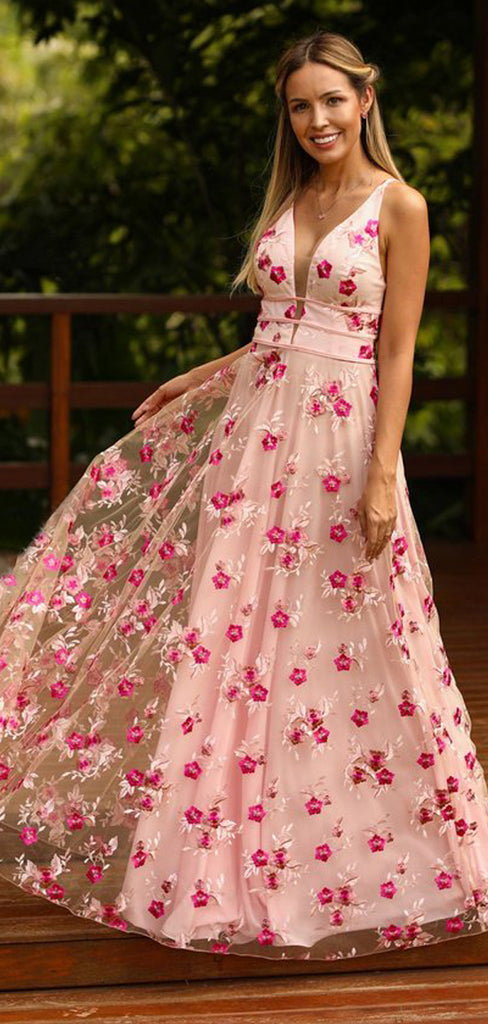 Pink Tulle Rose Lace Sleeveless A-line Prom Dresses. PD00257