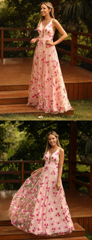 Pink Tulle Rose Lace Sleeveless A-line Prom Dresses. PD00257