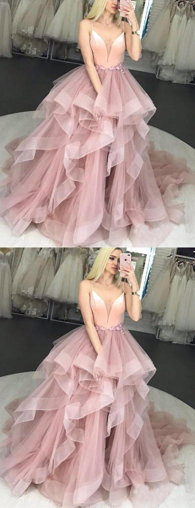 Pink Tulle Spaghetti Strap Ruffles Ball Gown Sweet-16 Prom Dresses,PD00333