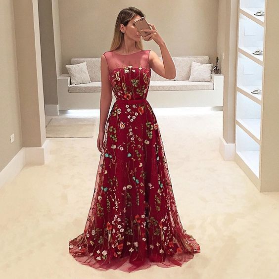 Popular Dark Red Floral Embroidery Sleeveless A-line Long  Prom Dresses ,PD00087