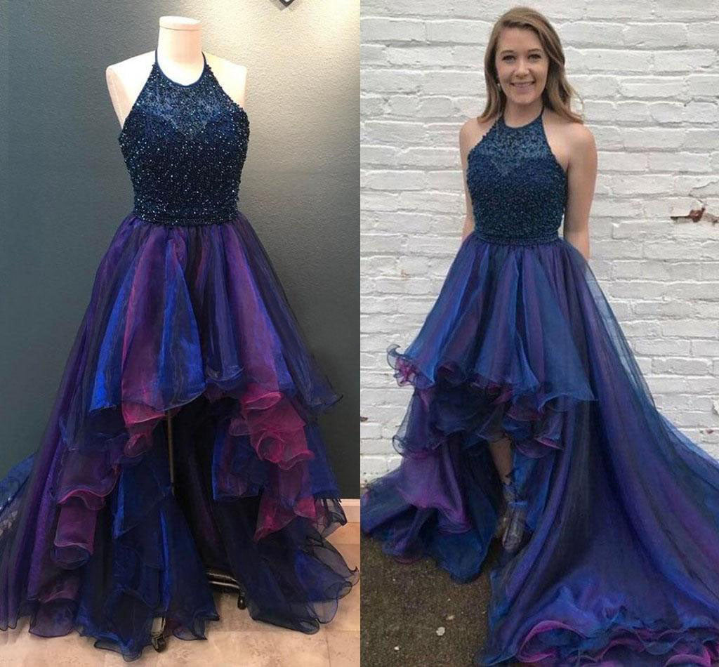 Popular High Low Navy Beaded Halter Ruffles Ball Gown Prom Dresses,PD00038