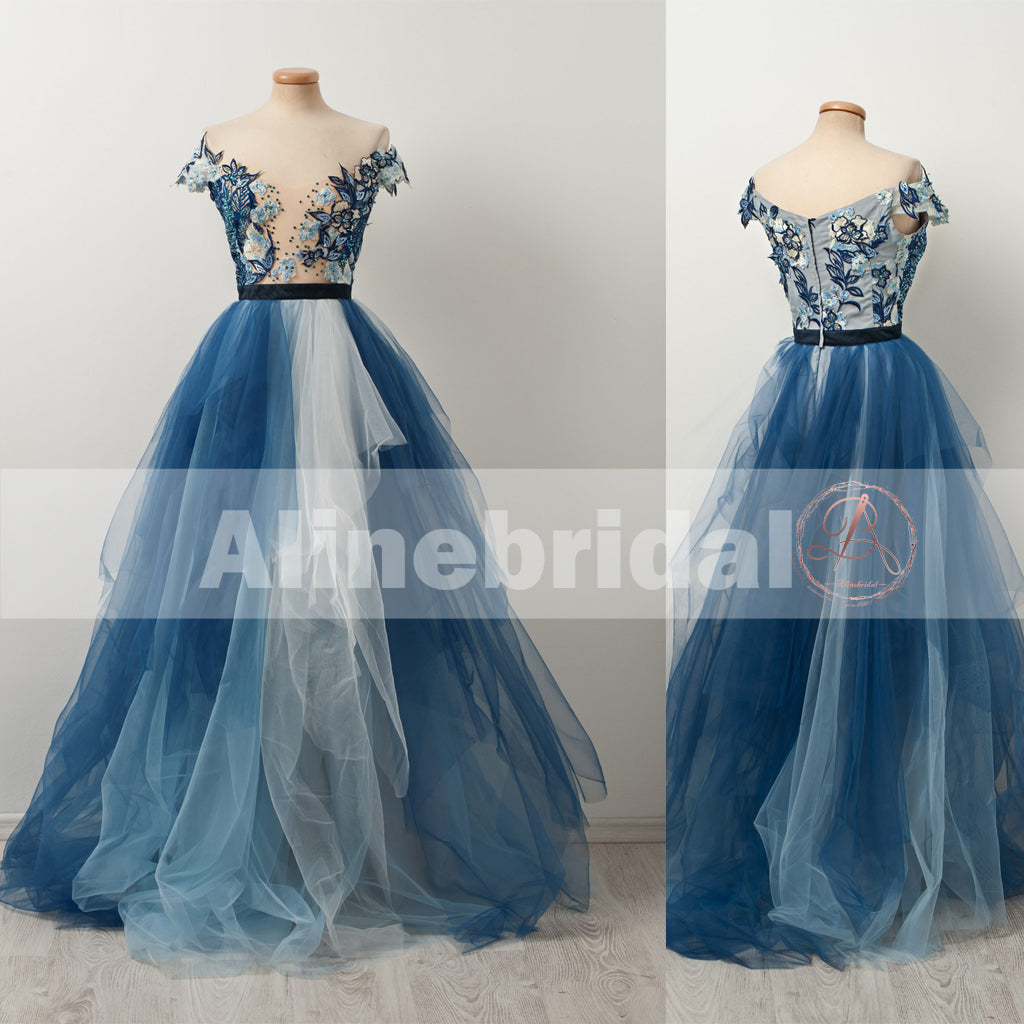 Popular Off Shoulder Appliques Gradient Blue Ball Gown Prom Dresses  ,PD00106