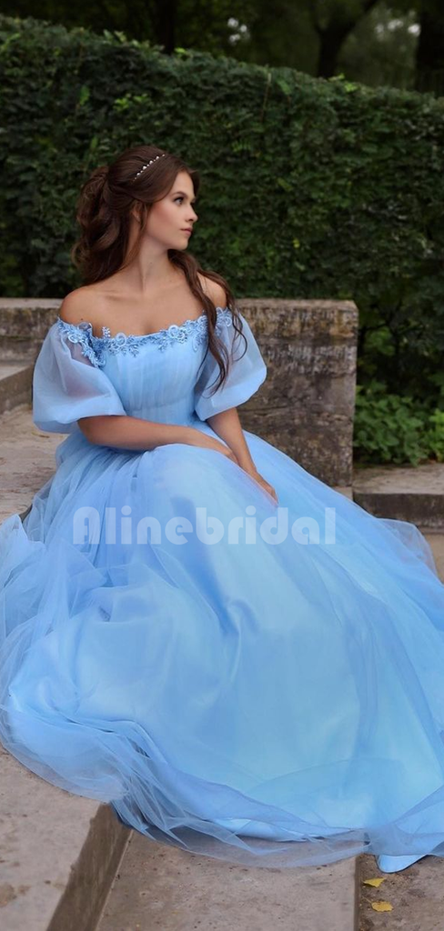 Baby Blue Princess Off-shoulder Floral Tulle A-line Long Prom Dress, PD3075