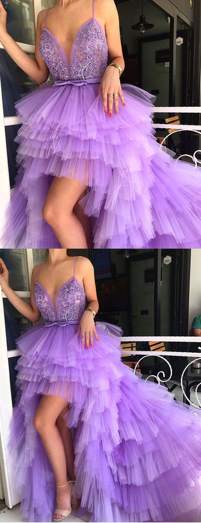 Purple Tiered Tulle High Low Spaghetti Stap Appliques  Prom Dresses ,PD00136