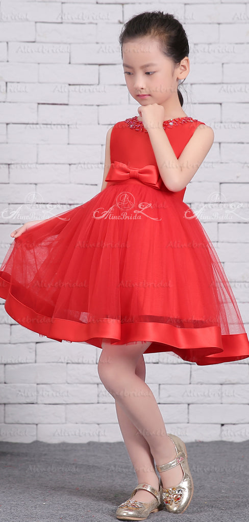 Red Satin Tulle Sparkly Neckline Cute Flower Girl Dresses, FGS135
