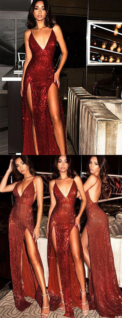 Red Sequin Spaghetti Strap Backless Silt Prom Dresses,PD00205