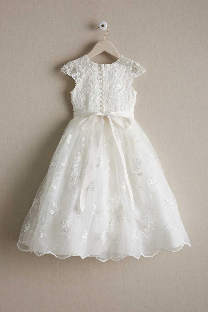 Round Neck Off White Lace Cap Sleeve With Sash Long Flower Girl Dresses, FGS099