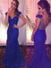 Royal Blue Mermaid Cap Sleeves V-Neck Sexy Evening Party Dress. PD261