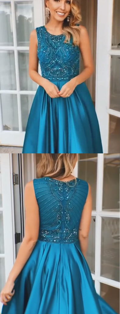 Royal Blue Satin Beading Sleeveless Charming Prom Dresses.PD00279