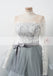 See Through Neckline Off Shoulder Lace Grey Tulle Long Sleeve Homecoming Dresses ,BD00228