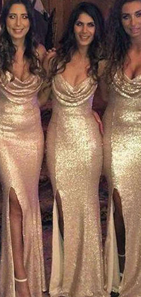 Sexy Seqin Mermaid Side Split Sparkly Women Cheap Long Wedding Party Bridesmaid Dresses, WG26