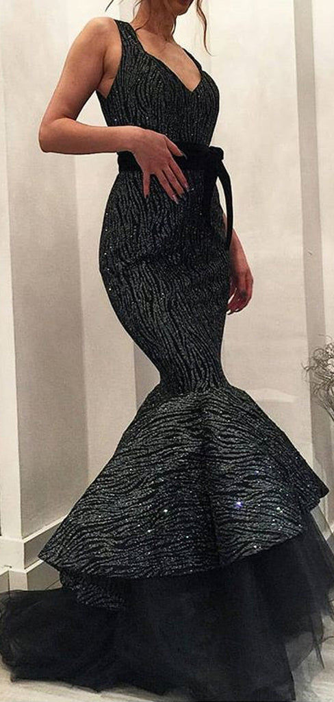 Shiny Black Satin With Sequin Mermaid Sleeveless Prom Dresses.PD00223