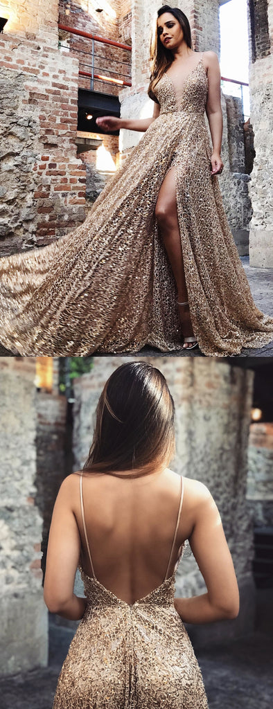 Shiny Gold Sequin Lace Spaghetti Strap A-line Prom Dresses,PD00173