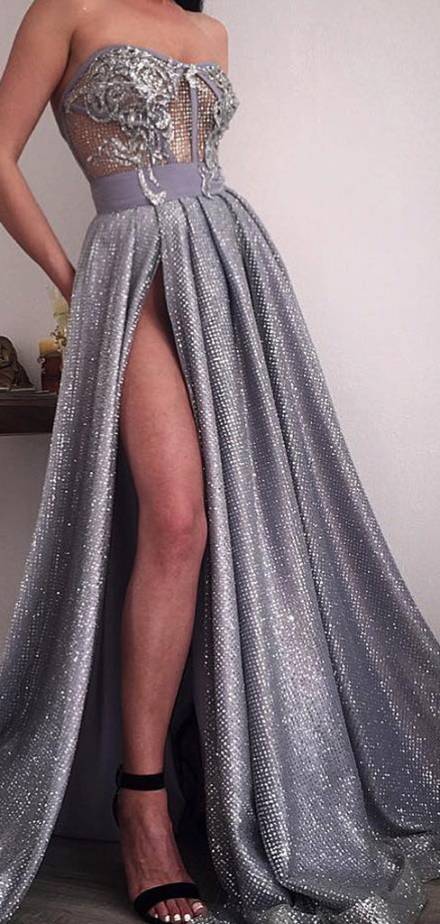 Shiny Silver Sequin Applique Strapless Illusion Prom Dresses,PD00181
