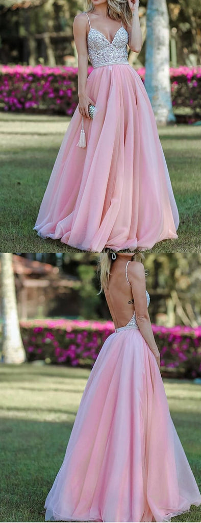 Silver Beading Pink Tulle Spaghetti Strap Backless Prom Dresses,PD00293