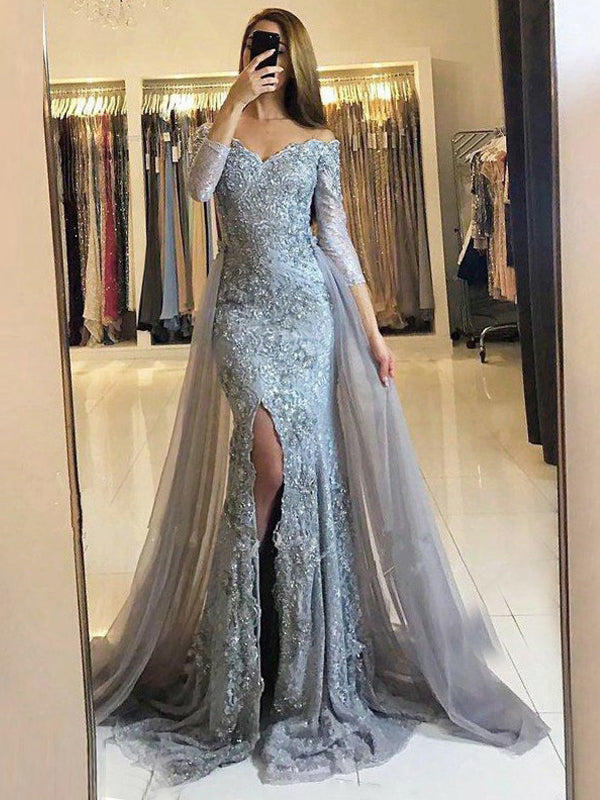 Silver Lace Grey Tulle Off Shoulder Half Sleeve Mermaid Split Long  Prom Dresses,PD00004